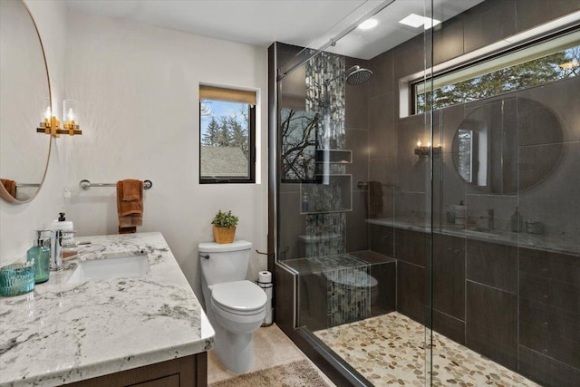 bathroom featuring toilet, a shower with door, and vanity