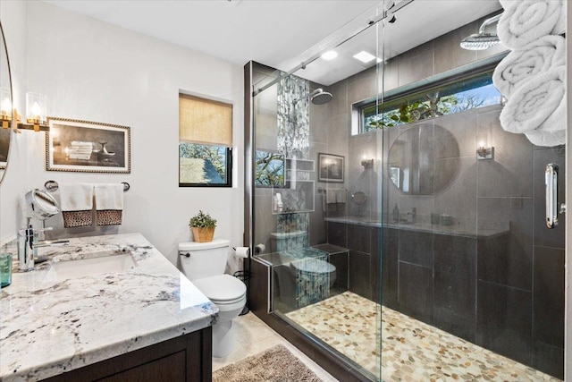full bathroom with a shower stall, toilet, and vanity