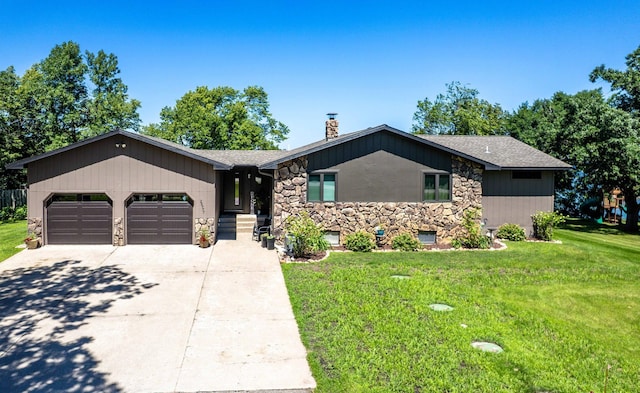 29777 Highland Loop, Battle Lake, MN 56515 - mid-century inspired home featuring stone siding, a chimney, a garage, a front lawn, and driveway