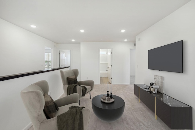 living room featuring light colored carpet