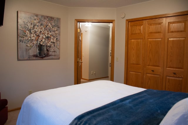 bedroom with carpet, baseboards, and a closet