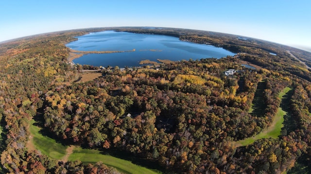 drone / aerial view with a wooded view and a water view