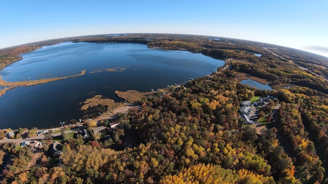 birds eye view of property with a forest view and a water view