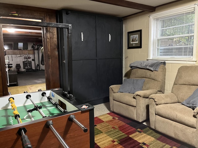 recreation room featuring beam ceiling