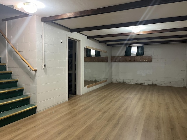 basement featuring light hardwood / wood-style floors