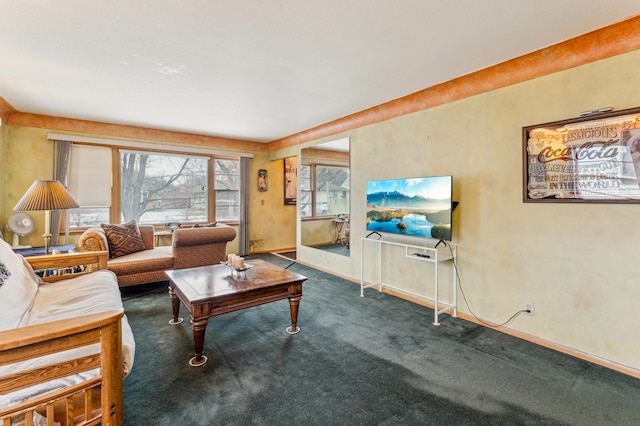 living room with dark colored carpet