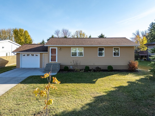 single story home featuring a garage and a front yard