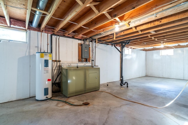 basement with washer and dryer, plenty of natural light, electric water heater, and electric panel