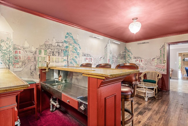bar featuring crown molding and dark wood-type flooring