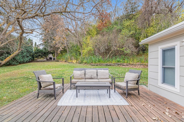 deck with a lawn and an outdoor living space