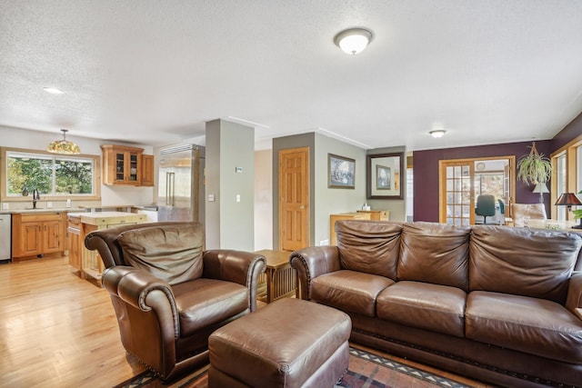 living room with a textured ceiling, light wood-type flooring, sink, and a wealth of natural light