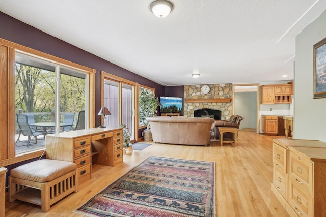 living room with light hardwood / wood-style floors and a stone fireplace