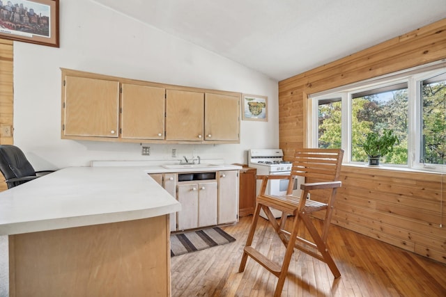 kitchen featuring light hardwood / wood-style flooring, lofted ceiling, and wood walls