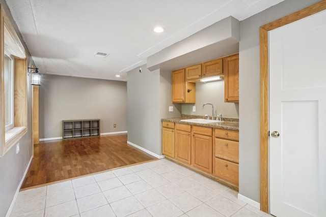 kitchen featuring light stone countertops, light wood-type flooring, and sink