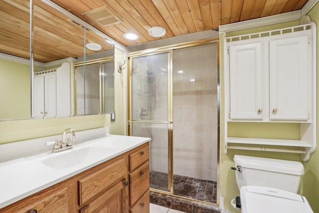 bathroom with toilet, an enclosed shower, and wooden ceiling