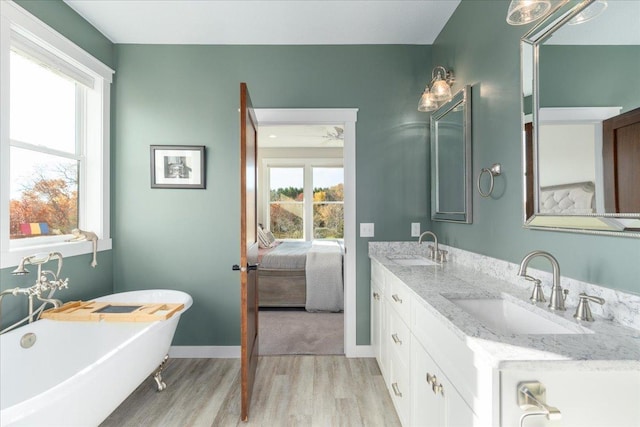 bathroom with vanity, wood-type flooring, and a bathing tub