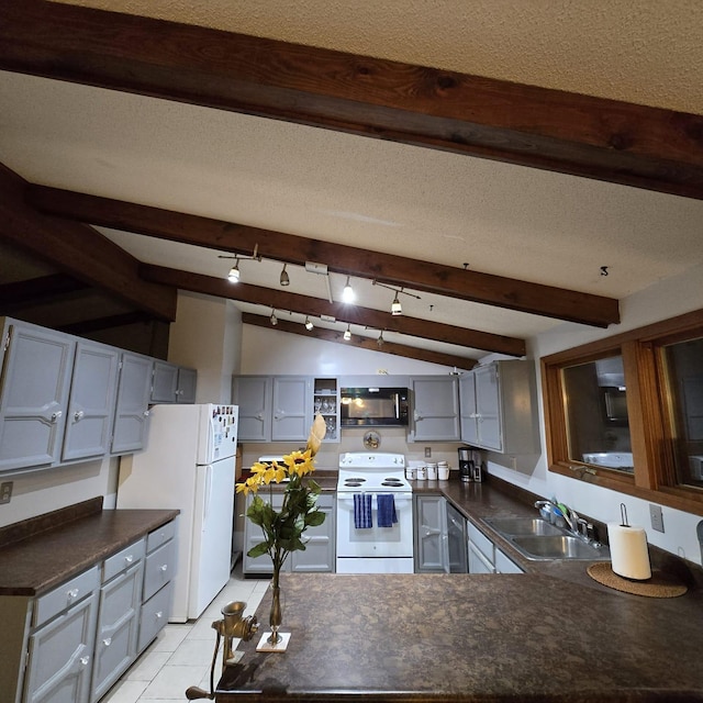 kitchen with gray cabinetry, a textured ceiling, white appliances, sink, and lofted ceiling with beams