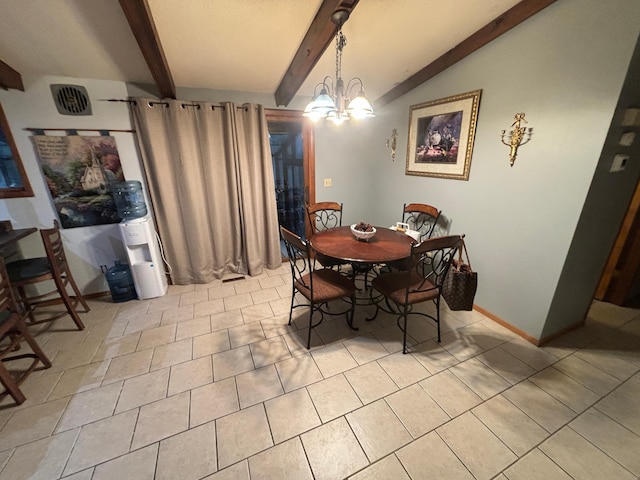 tiled dining room featuring vaulted ceiling with beams and an inviting chandelier