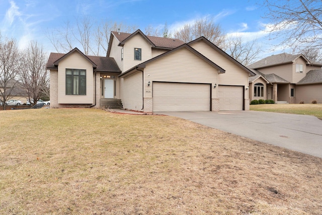 traditional home with an attached garage, brick siding, a front lawn, roof with shingles, and driveway