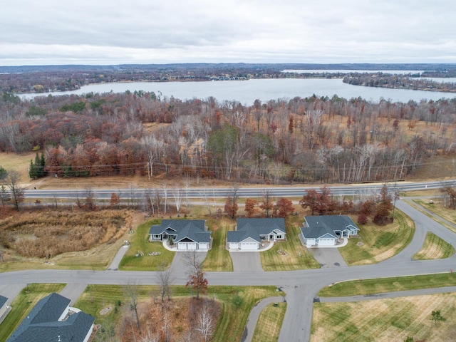 bird's eye view with a water view