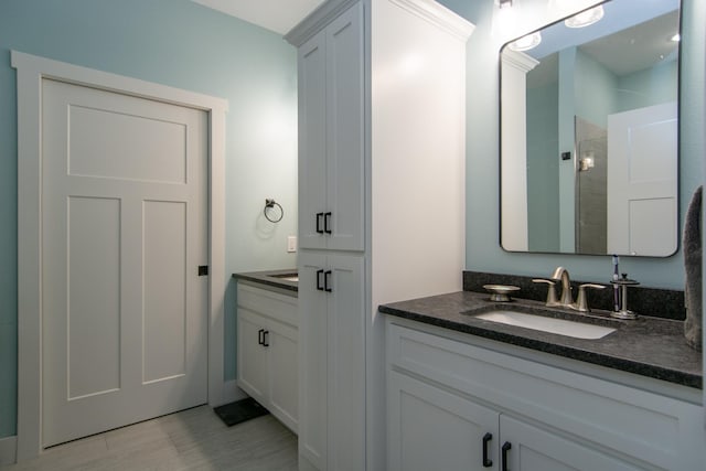 bathroom featuring walk in shower and vanity