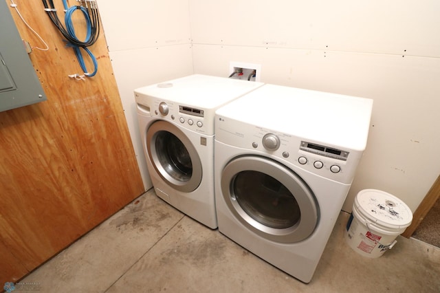 laundry room with electric panel and washing machine and clothes dryer