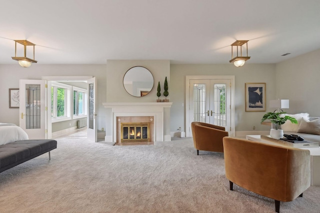 living room featuring light colored carpet