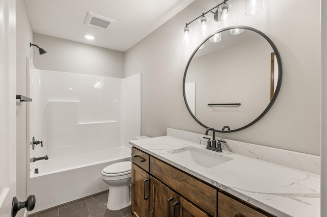 full bathroom with toilet, bathtub / shower combination, and vanity