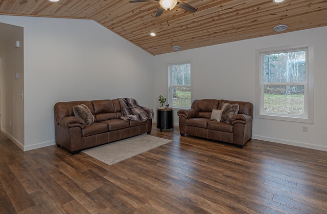 living room with wood ceiling, dark wood-type flooring, ceiling fan, and plenty of natural light