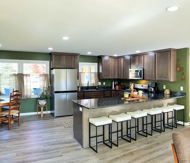 kitchen with a wealth of natural light, dark brown cabinets, appliances with stainless steel finishes, and light hardwood / wood-style flooring