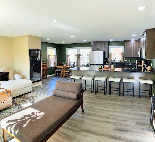 living room featuring light hardwood / wood-style flooring and sink