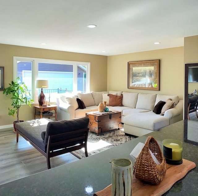 living room featuring recessed lighting, baseboards, and wood finished floors