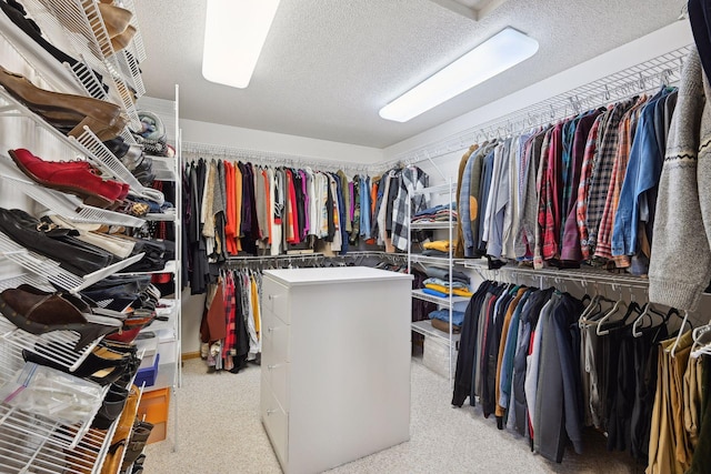 walk in closet with light carpet