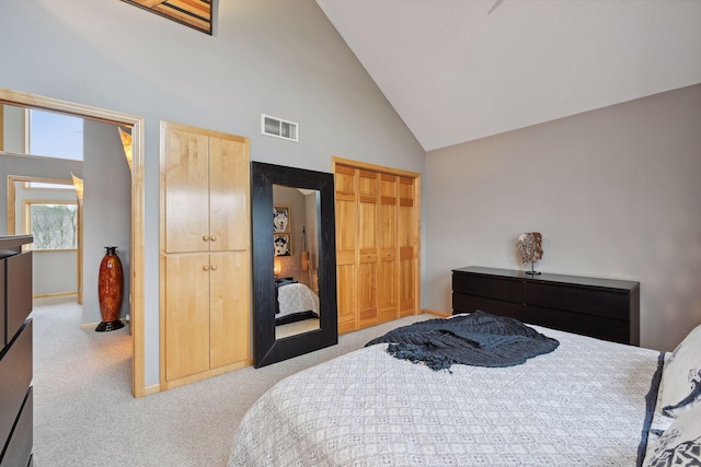 carpeted bedroom featuring a closet and high vaulted ceiling