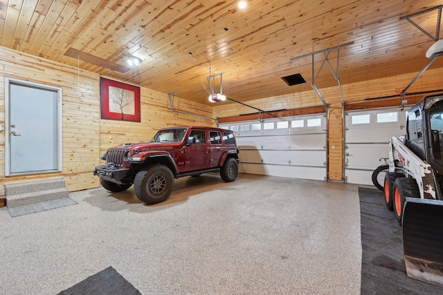 garage featuring wood walls, a garage door opener, and wood ceiling