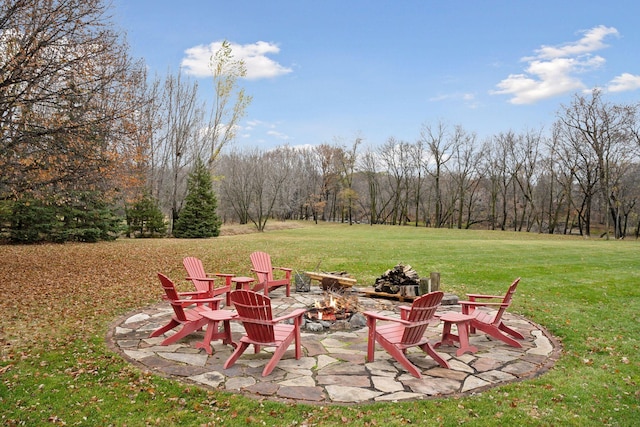 view of yard with an outdoor fire pit and a patio area