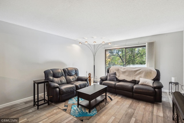 living room with wood-type flooring and a textured ceiling