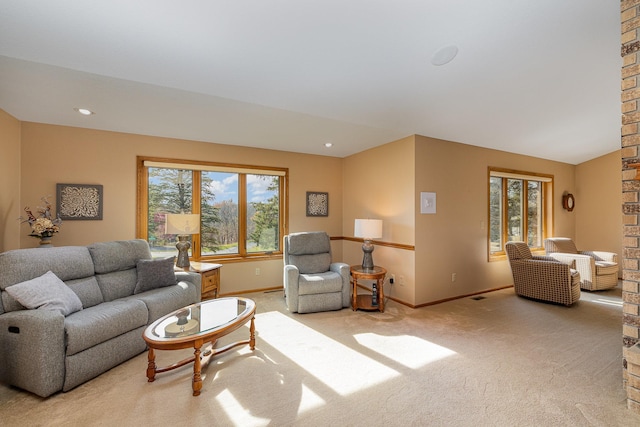 carpeted living room featuring visible vents, recessed lighting, and baseboards