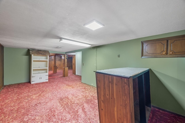 finished basement featuring light carpet and a textured ceiling