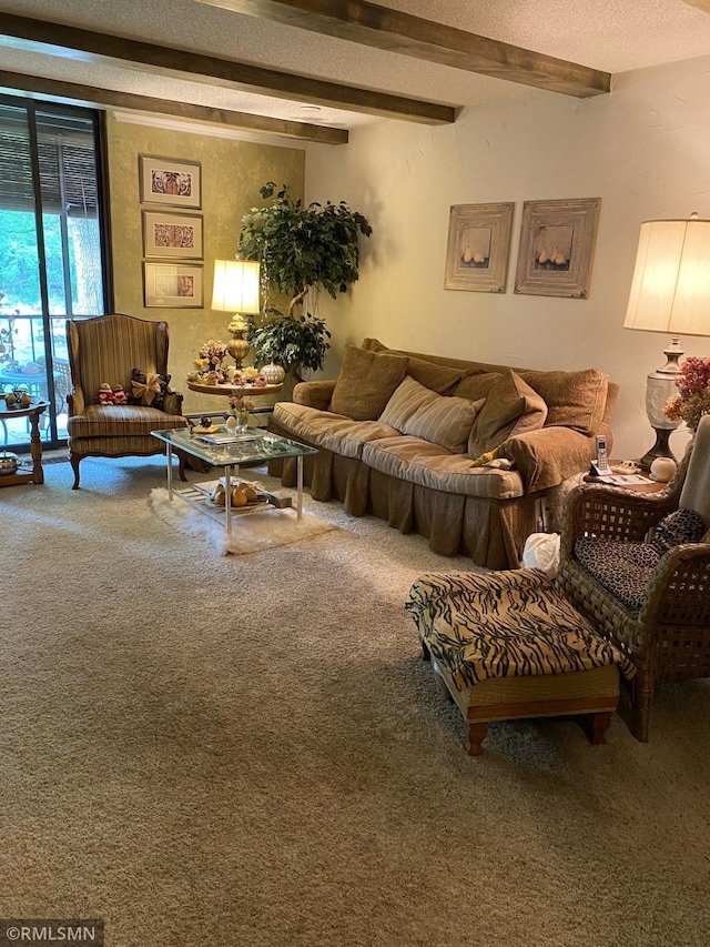 carpeted living room with beamed ceiling and a textured ceiling