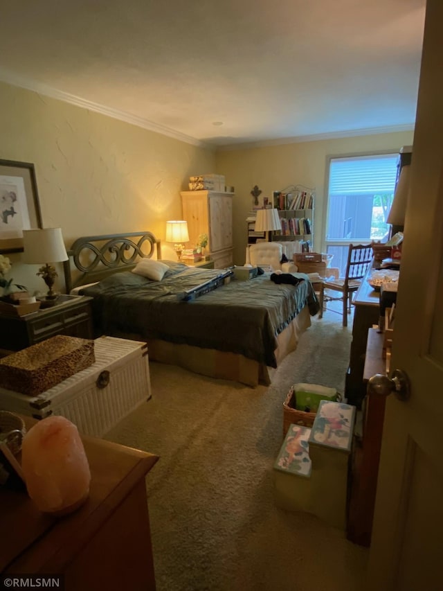 bedroom with crown molding and carpet floors