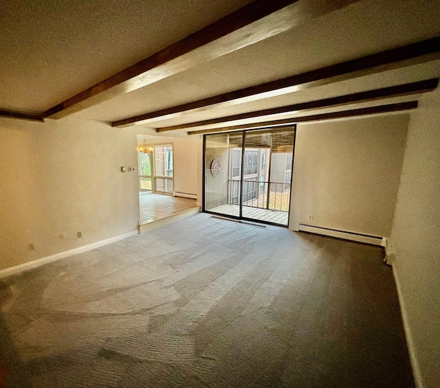 empty room with beamed ceiling, a baseboard radiator, and carpet floors