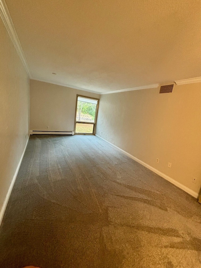 carpeted empty room with ornamental molding, a textured ceiling, and baseboard heating