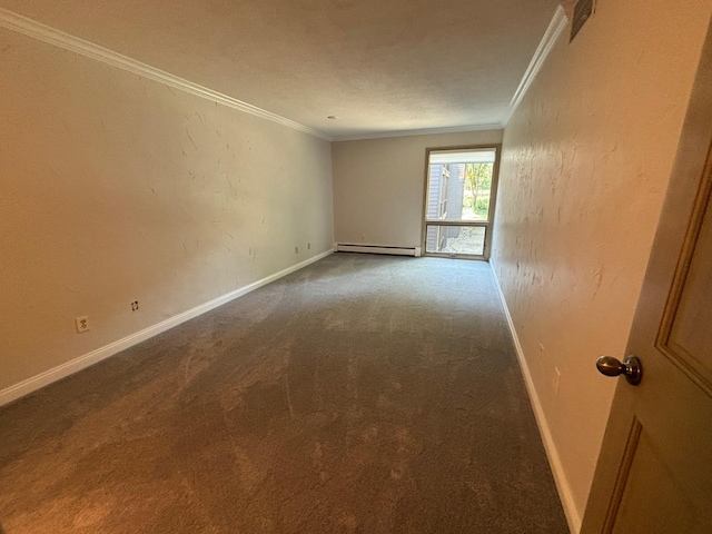 carpeted spare room featuring crown molding and a baseboard radiator