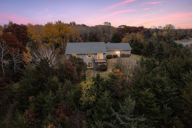 bird's eye view with a wooded view