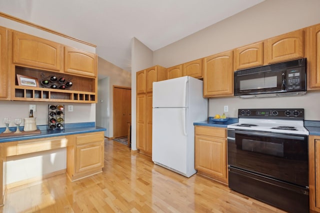 kitchen featuring black microwave, light wood-style flooring, electric range, freestanding refrigerator, and open shelves