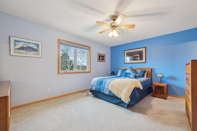 carpeted bedroom featuring a textured ceiling, ceiling fan, and baseboards