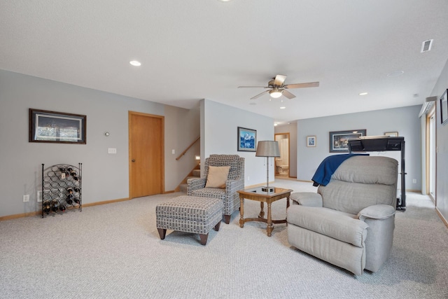 interior space with visible vents, baseboards, carpet, stairs, and recessed lighting