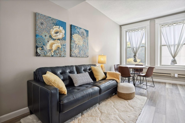 living room featuring a textured ceiling and hardwood / wood-style flooring