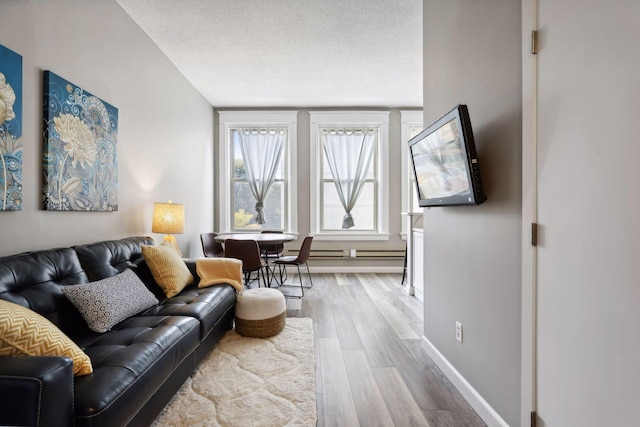 living room featuring a textured ceiling and hardwood / wood-style flooring